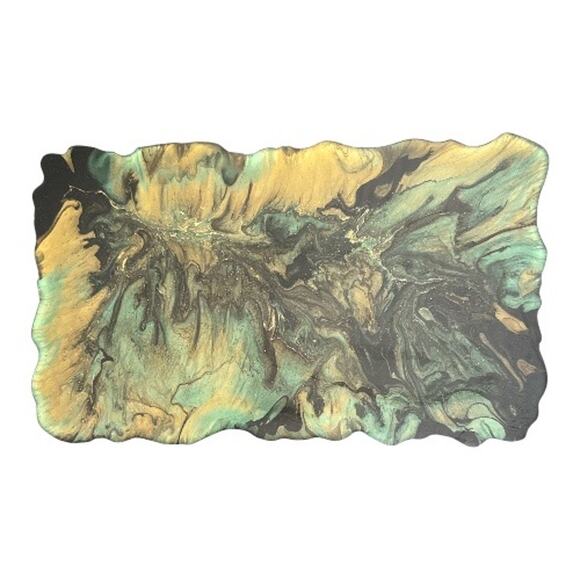 Acrylic Pour Art Resin Black Teal Gold Tray Irregular Edges - Picture 1 of 10